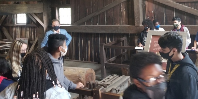 Vice President of Historical Resources and Chief Curator at the Henry Ford  Museum, Marc Greuther, led HFA's Michigan History class to the Tripp Sawmill to look at a local lumber mill and how Michigan lumber ties into the environment and business.